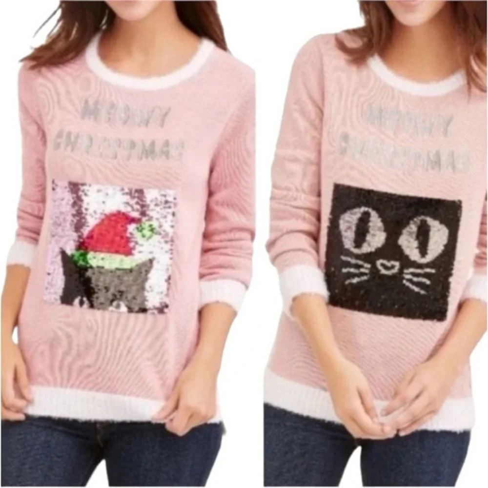 Holiday Time Cat Christmas Sweater Womens‎ S Pink Meowy Christmas Reverse Sequin